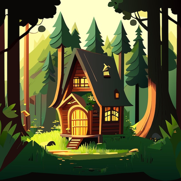 Vector small wooden house in a fairy tale forest