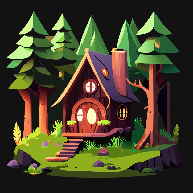 Vector small wooden house in a fairy tale forest