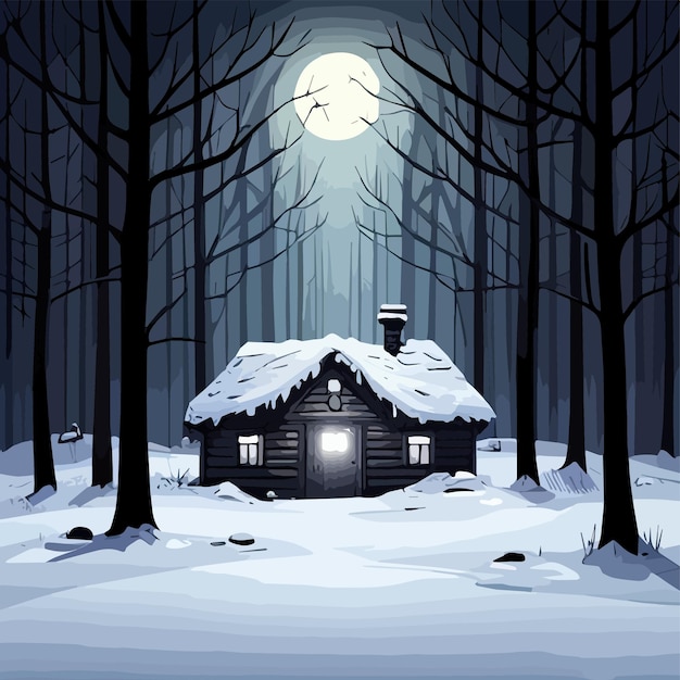 雪道ベクトル図の小屋の周りの雪に覆われた妖精の暗い森の小さな木造の小屋