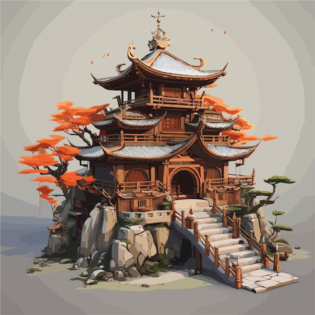 Vector a small wooden pagoda with steps and roof game background