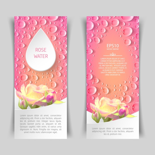 Smalle verticale roze banner met rozen en druppels