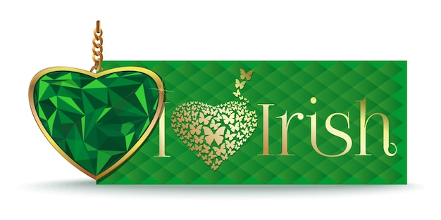 Smaragdgroen hart in een gouden frame op de achtergrond van een groene banner met een inscriptie I love Irish Vector illustration