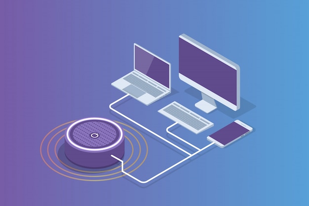 Assistente intelligente altoparlante, concetto isometrico di controllo vocale. illustrazione