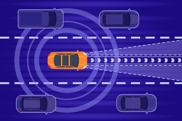 Smart autonomous car drive in traffic top view future car with radar technology system scan city road auto electric transport vector scene illustration of autonomous drive technology