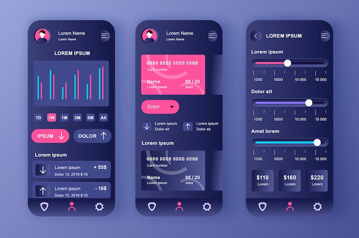 Vector smart banking unique neomorphic  kit. financial app for credit card balance, analytics and payment limits settings. online bank account ui, ux template set. gui for responsive mobile application