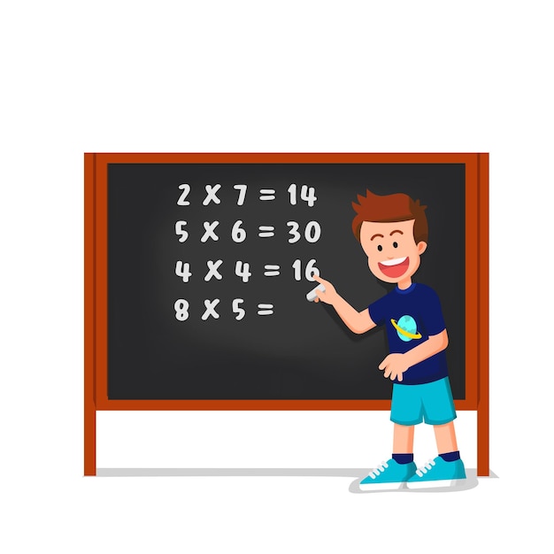 a smart boy answers some math addition problems on the blackboard