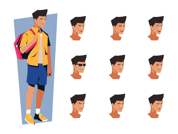 Vector smart boy character with different facial expression facial characters different faces