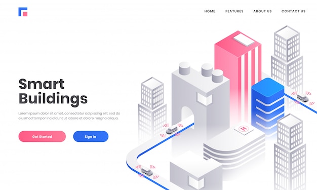 Smart Building concept based landing page design with Isometric illustration of skyscraper buildings on white background.