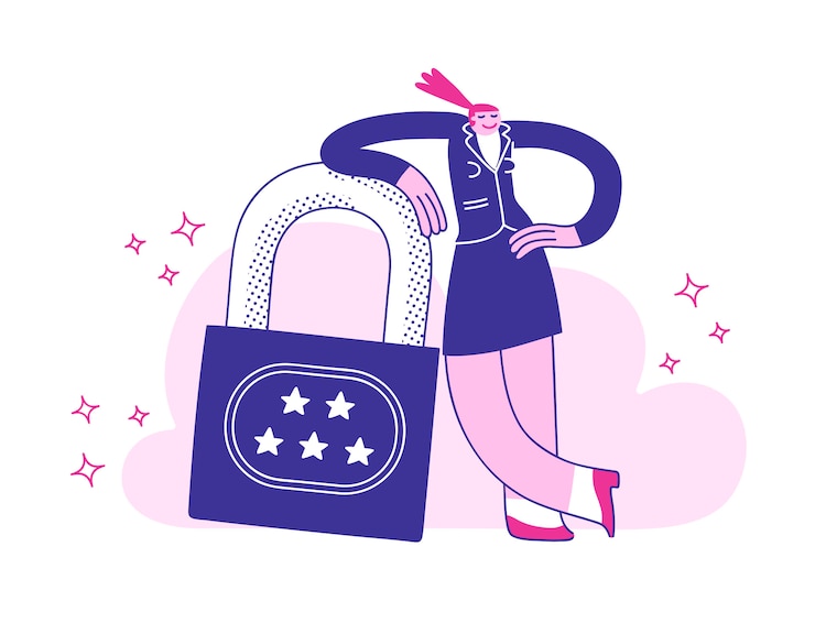 Vector smart business woman leaning on a giant security padlock feeling confident