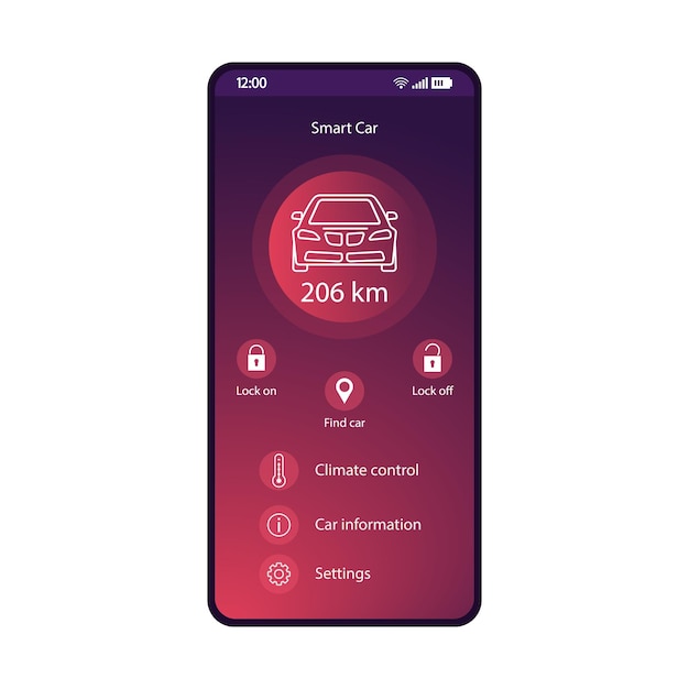 Smart car control app mobile interface vector template Smartphone application page purple design layout Autonomous remote controller flat gradient UI screen Vehicle feature settings phone display