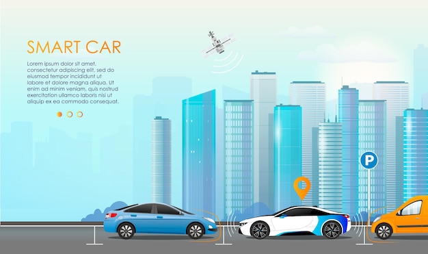 Smart car parking technology concept Selfdriving car with sensors automatically parked in parking lot Selfparking car system Vector illustration