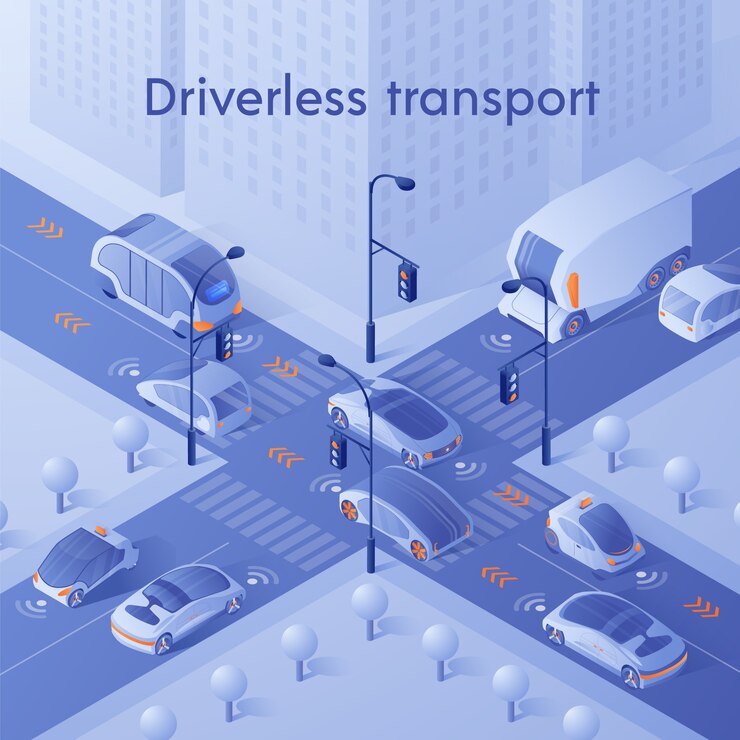 Vector smart cars driving in city traffic on crossroad