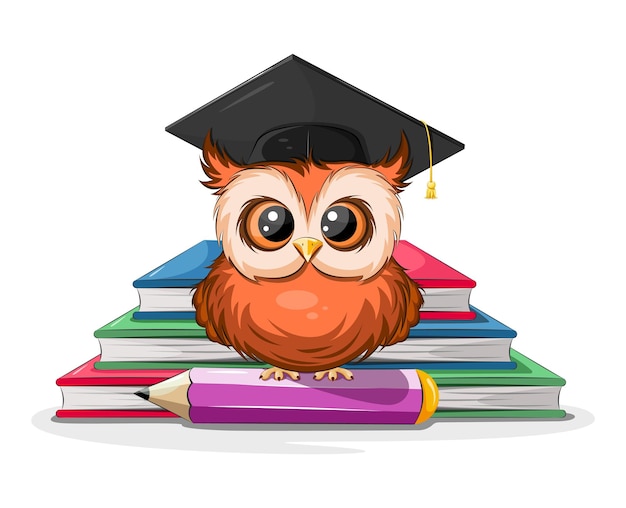 Smart and cartoon owl with a pencil and books