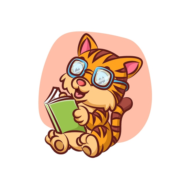 smart cat with glasses reading story book