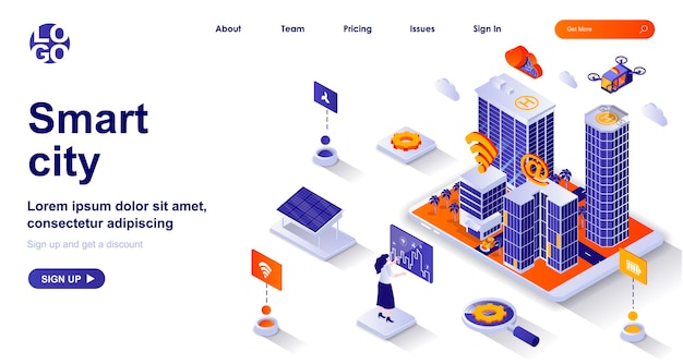 Smart city 3d isometric landing page with people characters