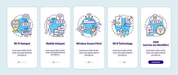 smart city access to internet options onboarding mobile app page screen. walkthrough 5 steps graphic instructions with concepts. ui, ux, gui vector template with linear color illustrations