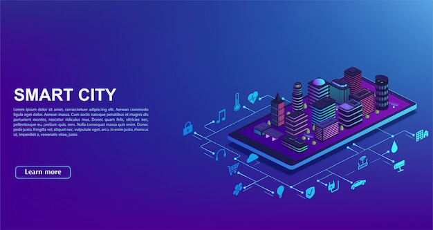 Smart city automation from smartphone. Concept of  building management system, technology of iot. City is standing on mobile phone with home control icons.