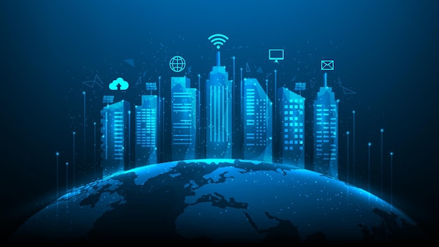 smart city building technology on global. network connection and intelligent city on blue dark.
