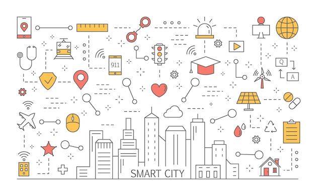 Smart city concept. Idea of modern technology. Optimized infrasrtucture and futuristic lifestyle. Digital connection between devices.    illustration