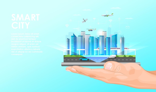 Smart city concept Modern city with skyscrapers with urban land water and air transport Urban landscape Building architecture Cityscape town Vector illustration
