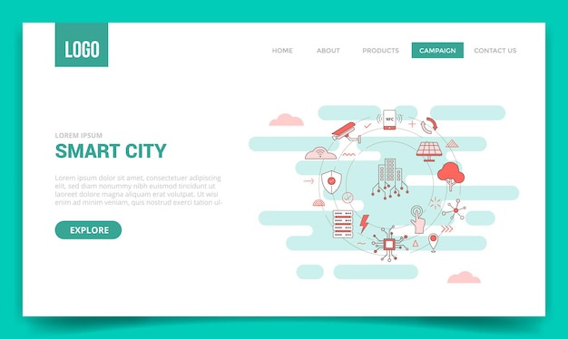 Smart city concept with circle icon for website template or landing page, homepage outline style