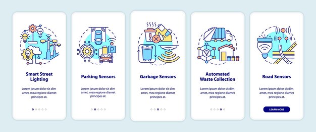 智慧城市基礎設施上載行動應用程式頁面螢幕. 自動系統步行5步圖形說明與概念. UI, UX, GUI向量模板與線性色彩插圖