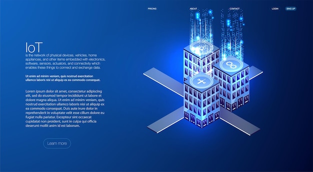 Città intelligente o concetto isometrico di edificio intelligente. automazione degli edifici con l'illustrazione della rete di computer. sistemi di ingegneria, sicurezza ambiente urbano astratto 3d con nuove tecnologie