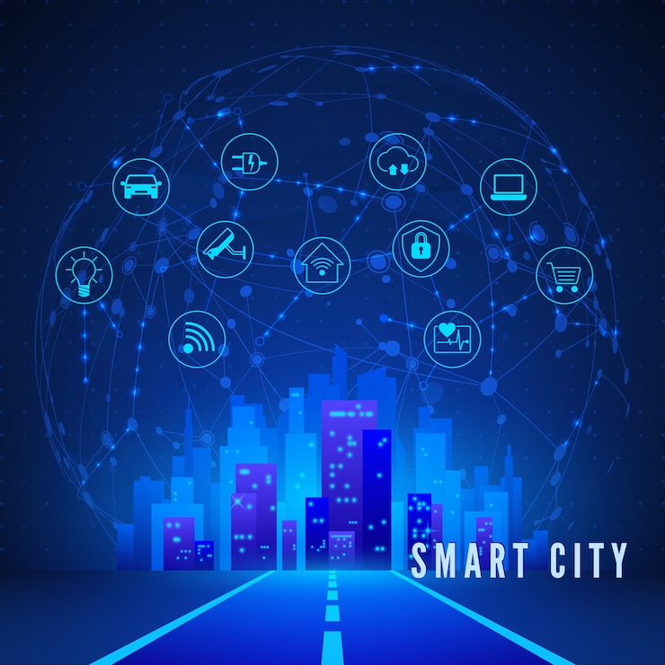 Vector smart city landscape and system monitoring and control icon set