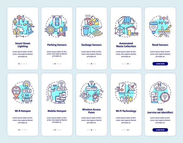 Smart city technologies onboarding mobile app page screen set. Smart control system walkthrough 5 steps graphic instructions with concepts. UI, UX, GUI vector template with linear color illustrations