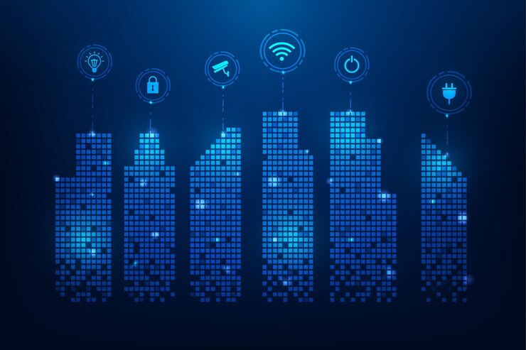 Vector smart city technology digital network on blue background internet of things buildings