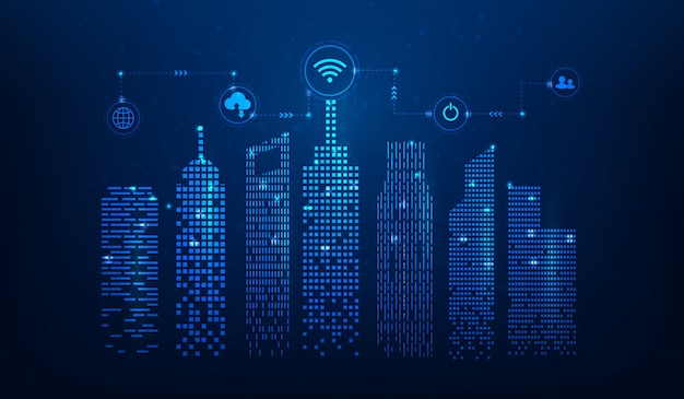 Connessione di rete digitale con tecnologia smart city su sfondo blu tecnologia internet delle cose