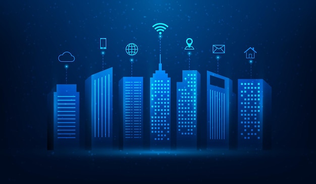 smart city technology digital network connection on blue background internet of things