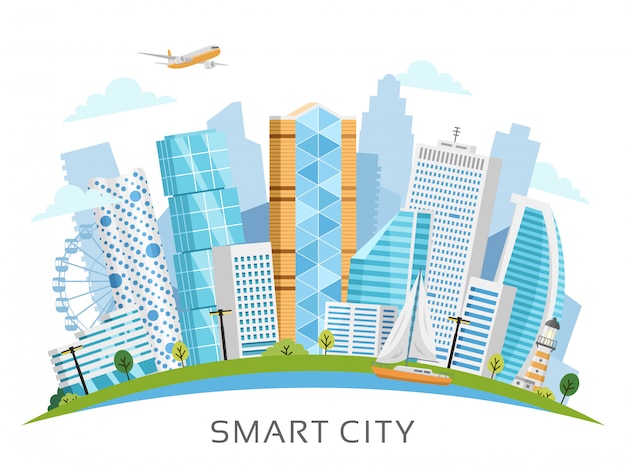 Smart city vector with skyscrapers background