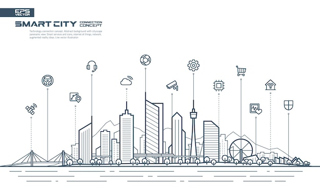 Smart city-verbindingsconcept. futuristisch techlandschap met geïntegreerde dunne lijnpictogrammen.