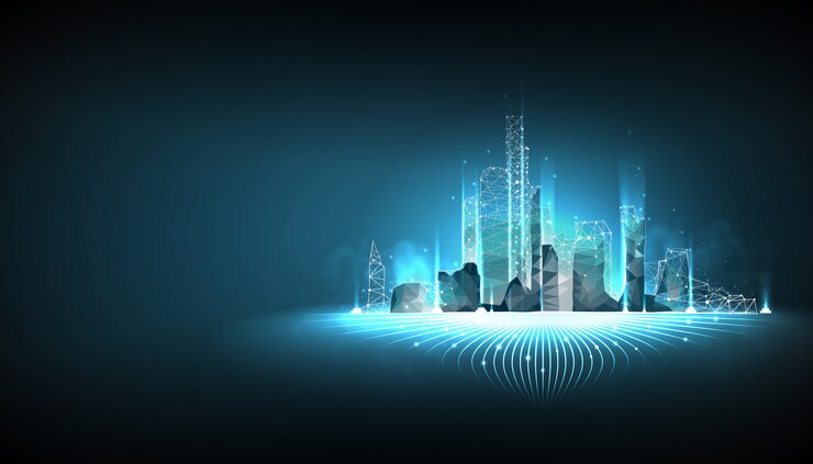 Vector smart city wireframe on blue background