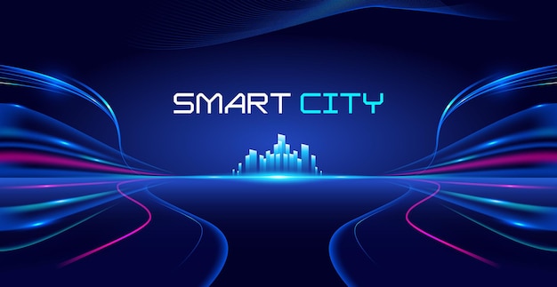 Smart city with colorful wavy light trail background