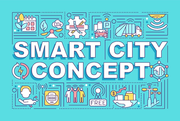Smart city word concepts banner. Intelligent city control system. Infographics with linear icons on blue background. Isolated creative typography. Vector outline color illustration with text