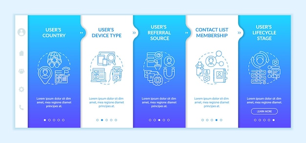 Smart content analytics criteria onboarding vector template. responsive mobile website with icons. web page walkthrough 5 step screens. digital marketing color concept with linear illustrations