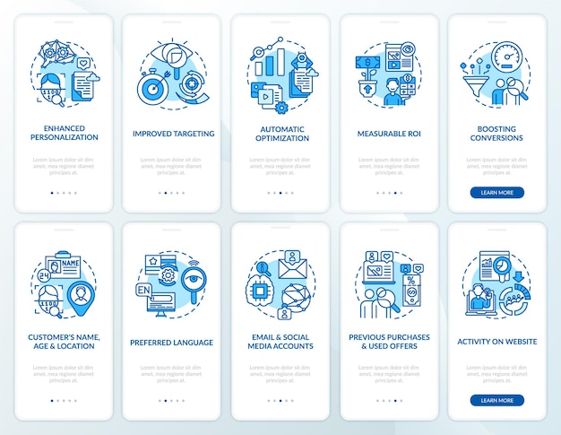 Smart content blue onboarding mobile app page screen set