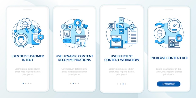 Suggerimenti per contenuti intelligenti schermata blu della pagina dell'app per dispositivi mobili di onboarding