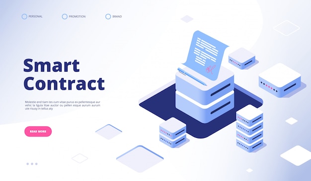 スマートコントラクト。デジタル署名ドキュメントスマート契約ファイナンスデータ暗号化請負業者契約ランディングページ