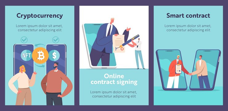 Vector smart contract execution cartoon banners blockchain cryptocurrency exchange finance and technology conceptual posters