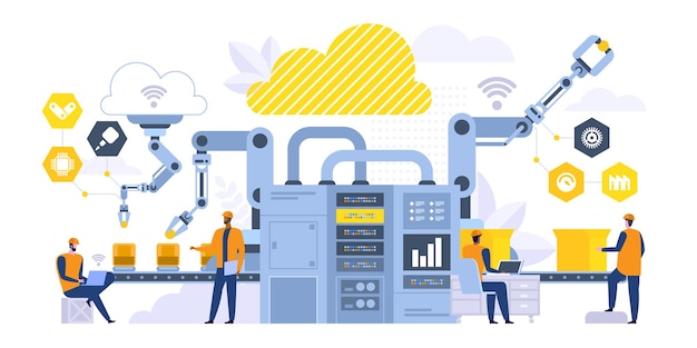 Smart conveyor flat vector illustration. Factory managers, engineer working with computer cartoon characters. Manufacturing process control, modern robotic machinery. Industrial revolution