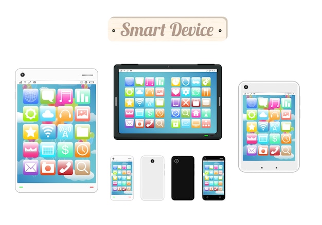 Smart device houten bord met slimme telefoon en tablet