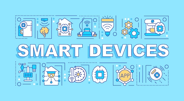 スマートデバイスの言葉の概念ターコイズバナー。電化製品およびガジェット。色の背景にアイコンとインフォグラフィック。孤立したタイポグラフィ。テキストとベクトルイラスト。 Arial-使用される黒のフォント