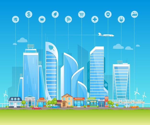 Smart and ecological city. modern hi tech urban cityscape with skyscrapers, street retail shop, high speed train, automobile traffic. eco friendly technology environment landscape cartoon vector