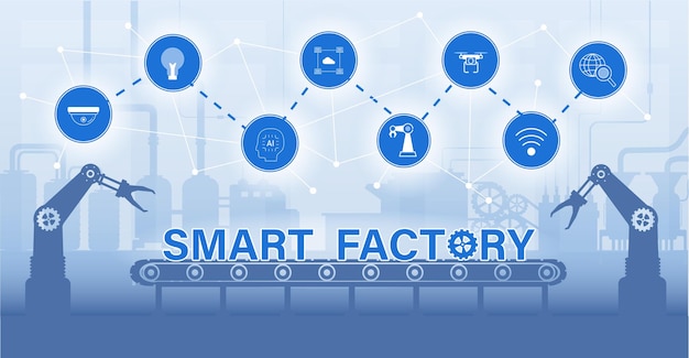 Vector smart factory concept with machine and icons flat design vector illustration