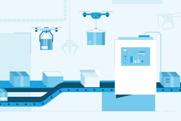 Fabbrica intelligente con design degli interni del trasportatore. linea di produzione automatica di scatole di cartone. schermo con dati, pacchi di consegna quadricotteri. concetto di tecnologia moderna robotica. illustrazione