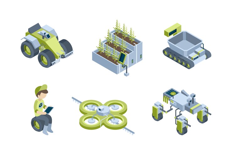 Vector smart farm. agricultural automatic processes industrial robots smart tractors harvesters eco greenhouse vector isometric set. smart farm robot, automatic system for garden illustration