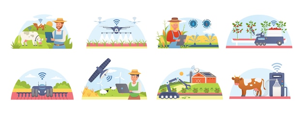 Smart farm e agricoltura insieme di illustrazioni isolate